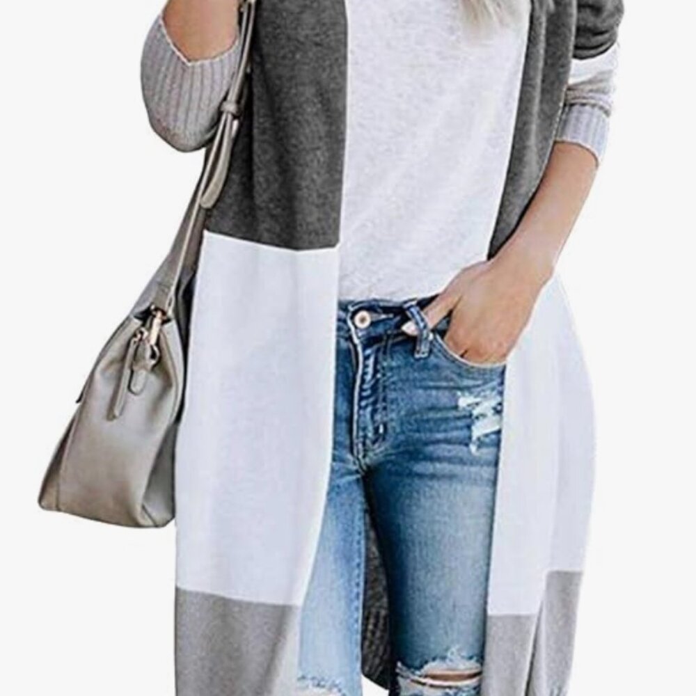 KIRUNDO XL Women's Open Front Cardigan Striped Color Block Long Sleeves
